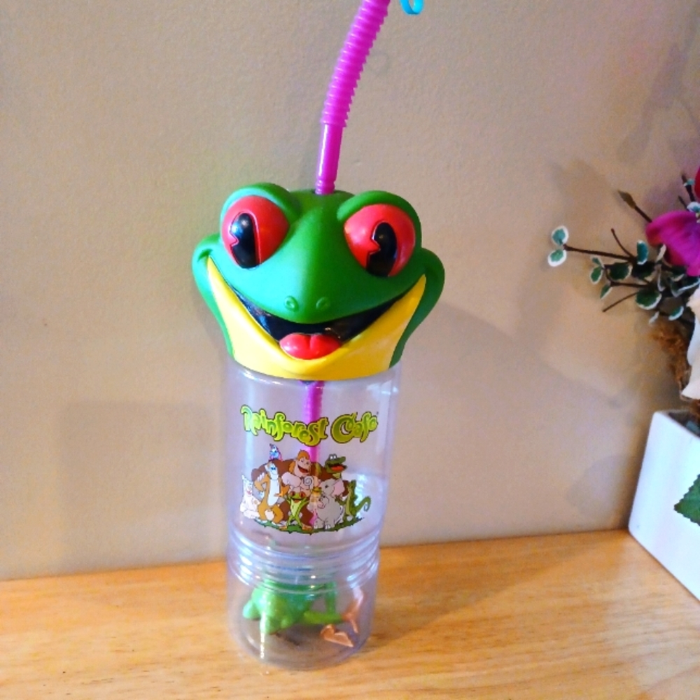 Rainforest Cafe Water Bottle with Snack Cup & Frog Figurine, Retro Cup.